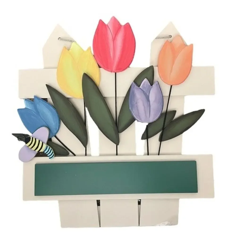 Tulip Wall Plaque multicolor wooden rope hanging NEW floral bee fence